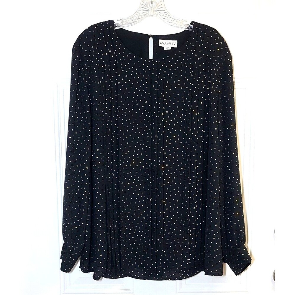 Ava and Viv Blouse Womens Plus Size 1X Black Metallic Gold Long Keyhole Back